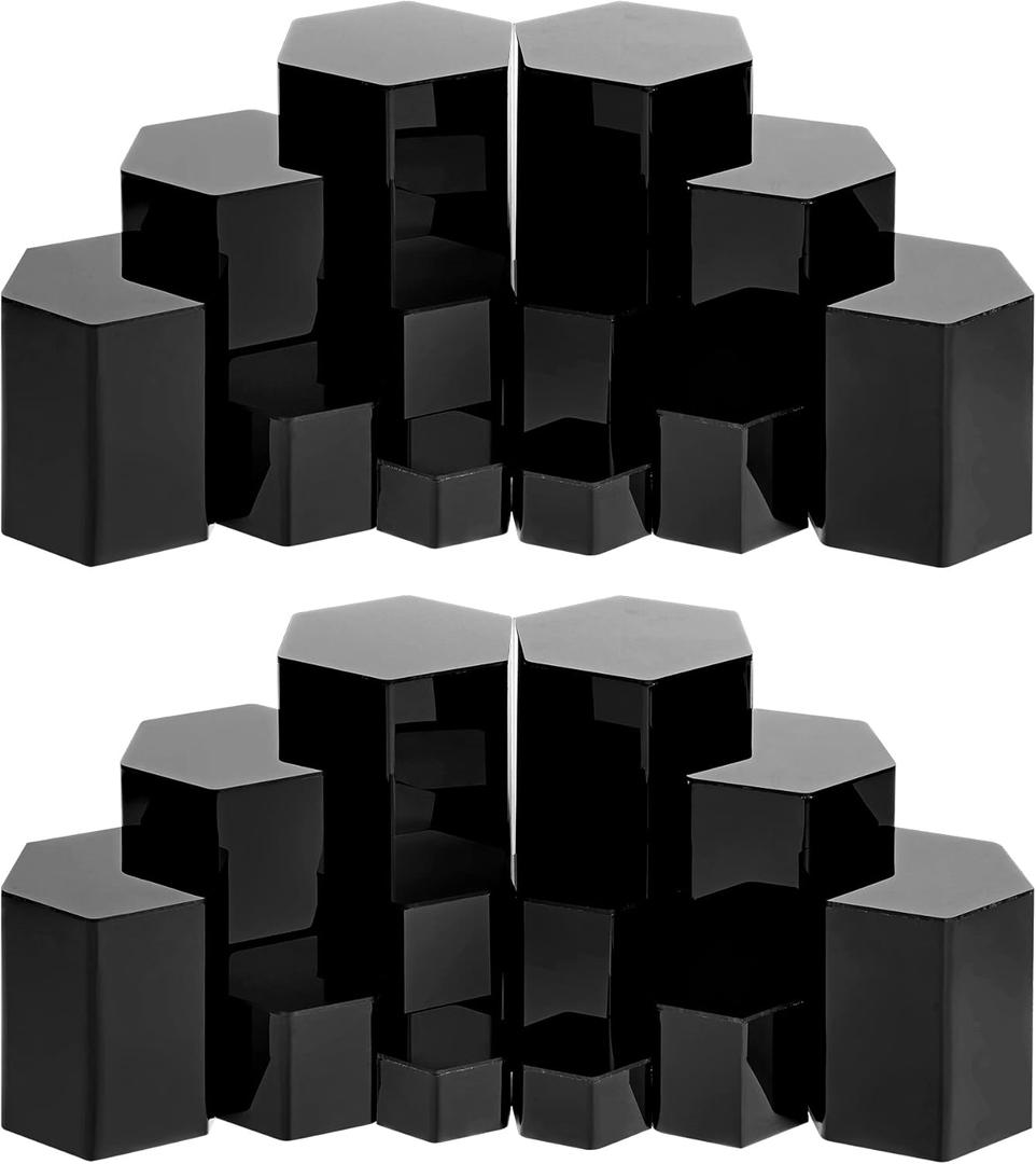 Jetec Hexagonal Jewelry Display Risers Hexagonal Market Display Risers Stands Acrylic Showcase Acrylic Stand for Jewelry Model Figures Decoration, 6 Sizes(Black,24 Pieces)