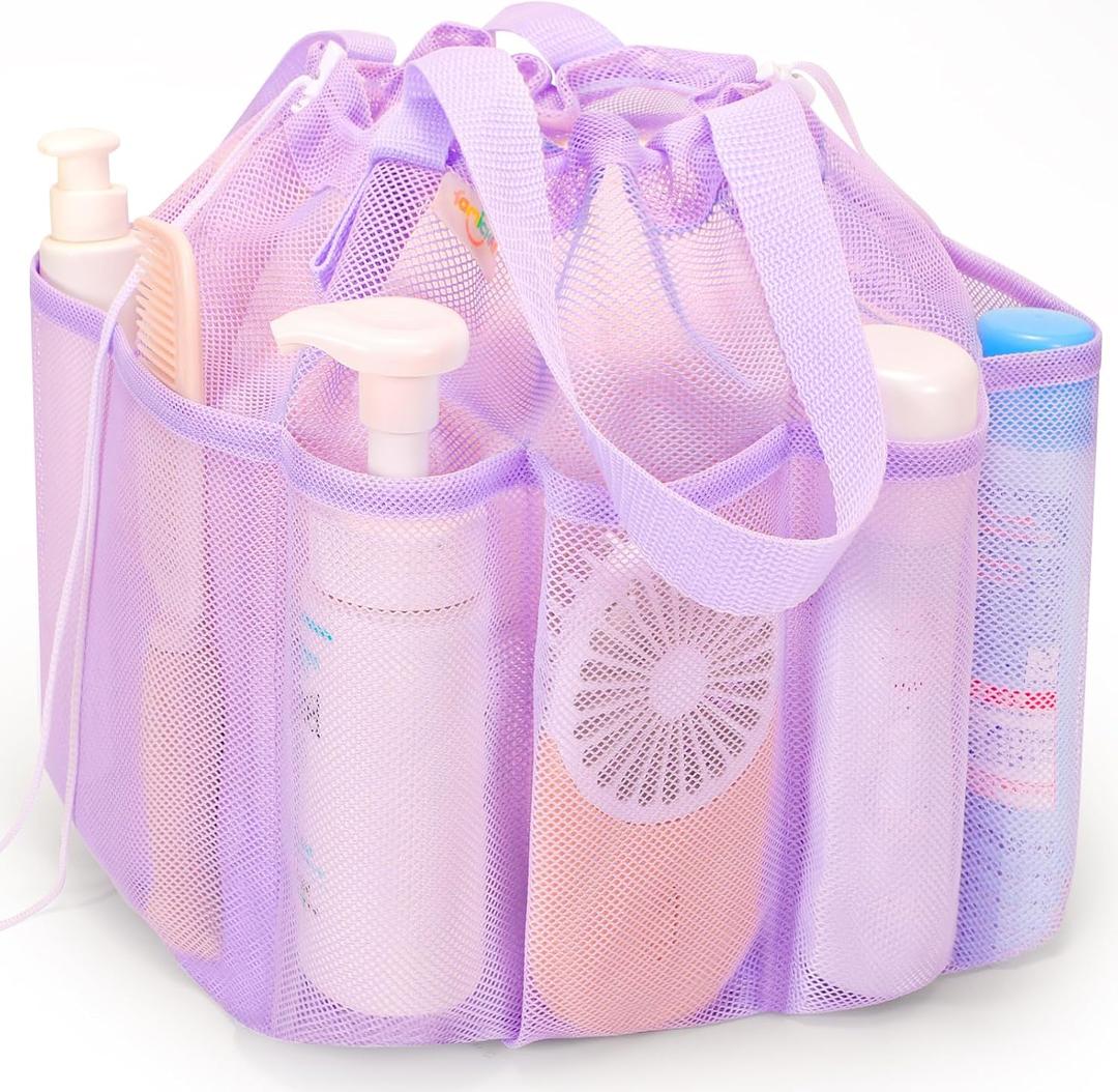 Mesh Shower Caddy Portable with Drawstring, Dorm Room Essentials for College Students Girl & Boy, Larger Shower Bag for Camping, Swimming, Gym, Travel, Bathroom - Purple