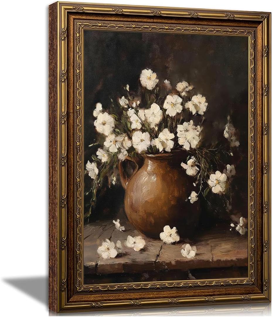 Vintage White Flower Canvas Wall Art,Gold Framed Floral Wall Decor24x16in
