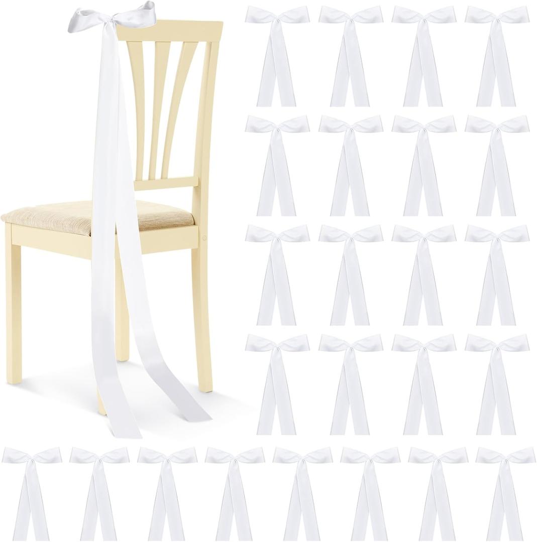 Rtteri 24 Pcs Satin Weeding Chair Bows Sashes with Ties White Chair Sashes Draping Ribbons Bows for Wedding Banquet Party Christmas Baby Shower Events Decoration