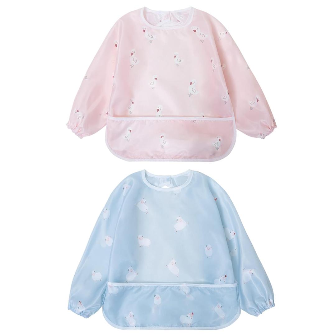 Little Dimsum Mess-Proof Baby Bibs|Infant Toddler Long Sleeve Waterproof Feeding Art Smock|Catching Food & Wipe Clean| Pack of 2 Colors Duck&sheep, Suit for 12-36 months