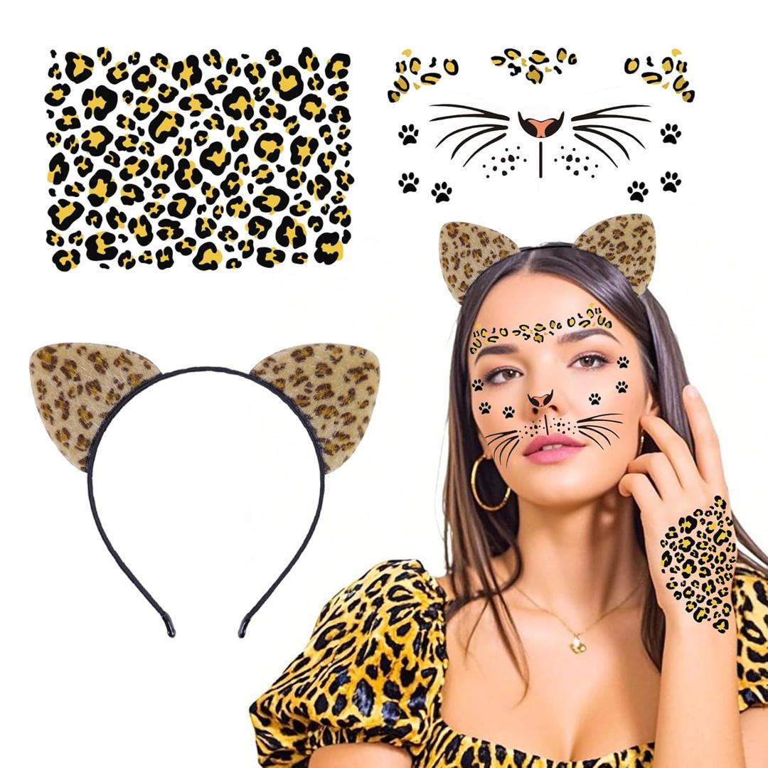 2 x Cheetah Ears Headband with Gold Cat Face Temporary Tattoos Leopard Print Ears Cat Whiskers Face Tattoo Stickers Leopard Makeup Halloween Cheetah Costume Accessories for Women Kids Adult(cheetah3)