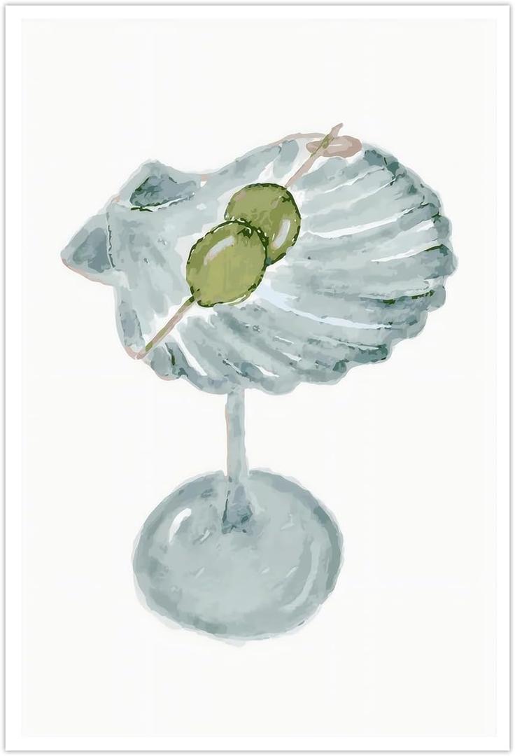 Funky Green Seashell Martini Wall Art Cocktail Posters Trendy Bar Cart Canvas Print Room Decor Dorm Decor Aesthetic Living Room Dining Room Kitchen Decorations for Home16x24inch Unframed