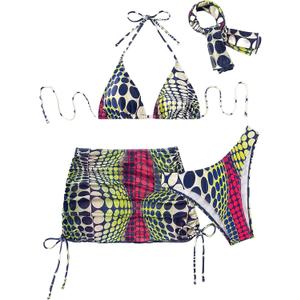 COZYEASE Women's 4 Piece Swimsuits Sexy Bikini Sets Triangle Bathing Suit with Mesh Cover Up Beach Skirt & Bandana (Large, Multicolor Blue)