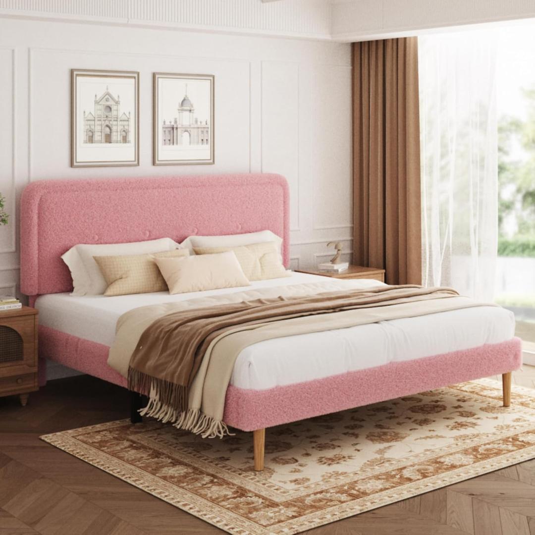 Queen Size Boucle Bed Frame, Upholstered Platform Bed Frame with Adjustable Headboard, Anti-Collision Soft Rounded Corners, No Box Spring Needed, Easy Assembly, Noise Free, Pink
