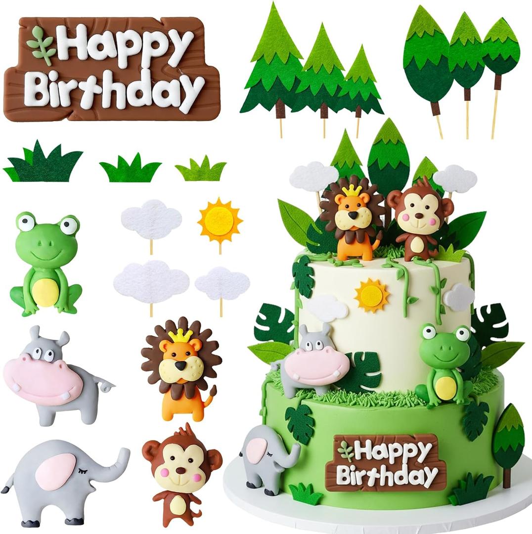 19Pcs Safari Animal Cake Toppers Safari Animal Cake Decorations Jungle Animals Themed Birthday Party Decorations