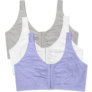 Fruit of the Loom Women's Front Close Sports Bra - Cotton Blend, Easy Fit & Built-Up Support (38, Blue Gem Heather/White/Grey 3-pack)