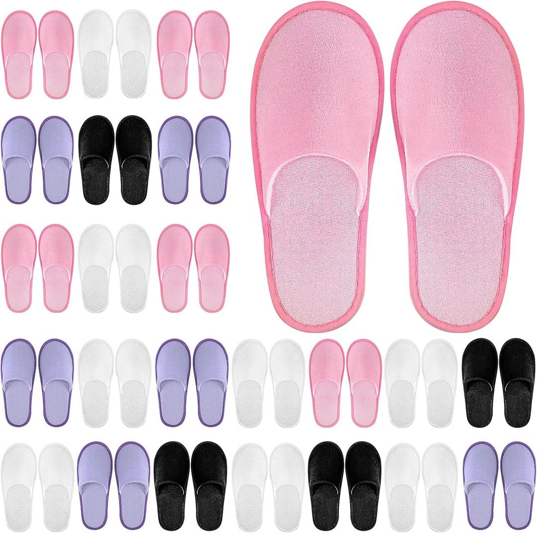Geyoga 24 Pairs Disposable Slippers for Guests Bulk 2 Size Cotton Soft Spa Hotel House Slippers for Women Men Wedding Party Shoeless Home Indoor Travel (Medium, White, Black, Pink, Purple)