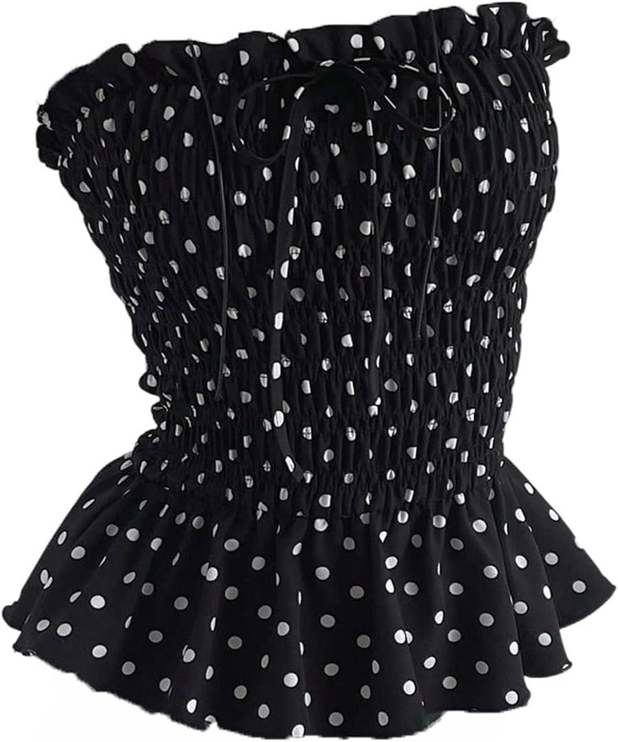 WDIRARA Women's Polka Dots Smocked Ruffle Tube Top Tie Front Strapless Bandeau Peplum Tops (Black, L)