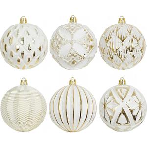 XmasExp Vintage Rustic Christmas Ball Ornaments Sets, Neutral Shatterproof Christmas Ornaments Farmhouse Christmas Tree Decorations Large Hanging Ball for Xmas Home Party White Gold, 6Pcs
