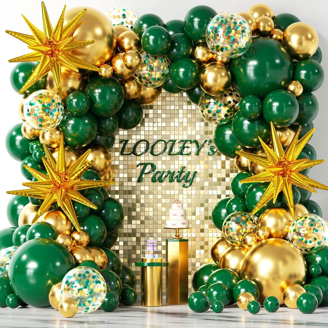 137Pcs Green and Gold Balloons Garland Arch Kit with Stars - 5 10 12 18 inch Dark Green Gold Confetti Latex Balloons for Birthday Baby Shower Emerald Green Jungle Party Decorations