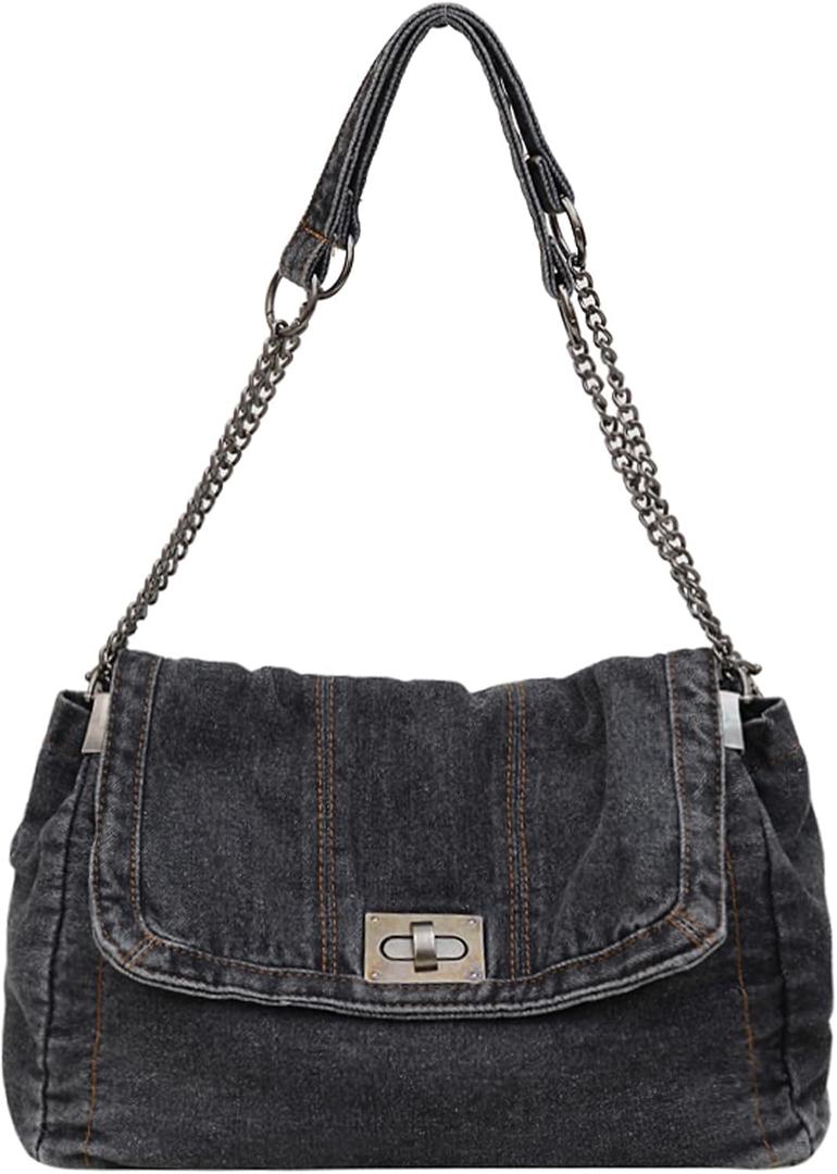 Denim Purse, Denim Crossbody Bag Y2K Jean Purses for Women Trendy Flip Shoulder Handbag (B Black)