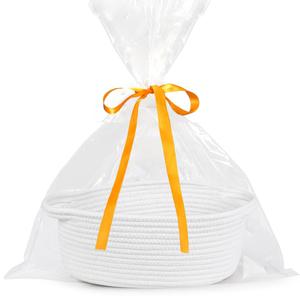 ABenkle Small Basket Empty Gift Basket, Decorative Boho Rope Woven Nursery Storage Organizer Dog Toy Baskets for Baby Showers Christmas Easter with Gift Bags and Ribbons, 12"X 8" X 5" (Pure White)