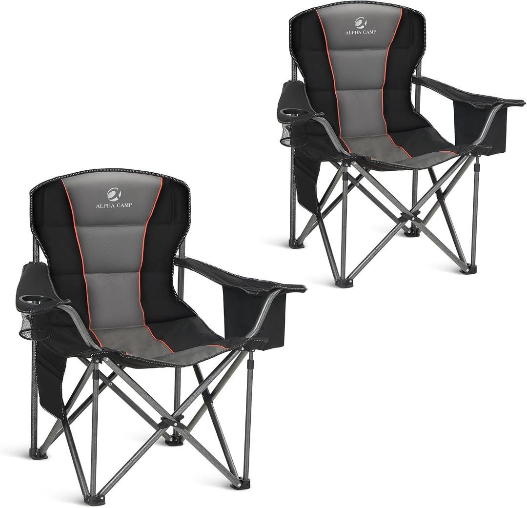 ALPHA CAMP Heavy Duty Camping Chair 500LBS Capacity, Oversized Folding Chair for Heavy People, Padded Portable Outdoor Chair with Cooler Bag & Cup Holder for Camping, Fishing, Beach