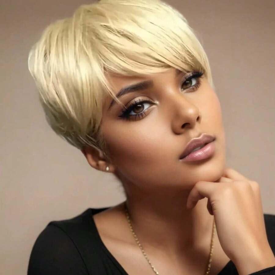 Short Blonde Wig Human Hair Pixie Cut Wigs for Black Women Human Hair Blonde Wig 613 Color None Lace Front Wig for Black Women 150% Density Short Straight Pixie Cut Layered Wigs with Bangs