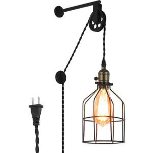 Unique Retro Industrial Cage Wall Lights for Farmhouse Bedroom Bedside Decor, Adjustable Modern Rustic Vintage Wall Sconce Hanging Lamp for Living Room Reading Corner with Plug in Cord(no bulb)
