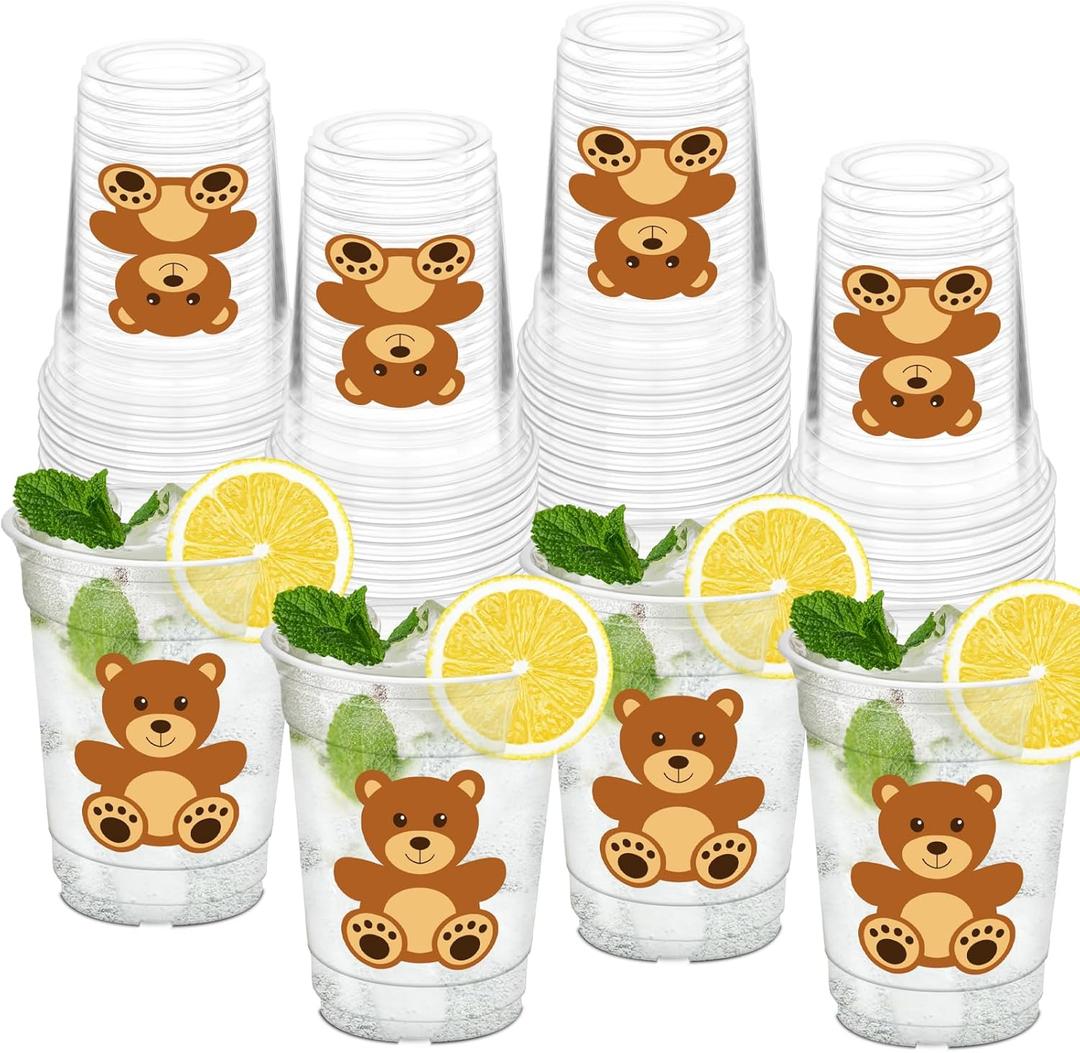50 Pcs Bear Party Cups, 12oz Cute Brown Bear Clear Plastic Cups for Baby Shower Party Supplies Birthday Table Decorations Favors