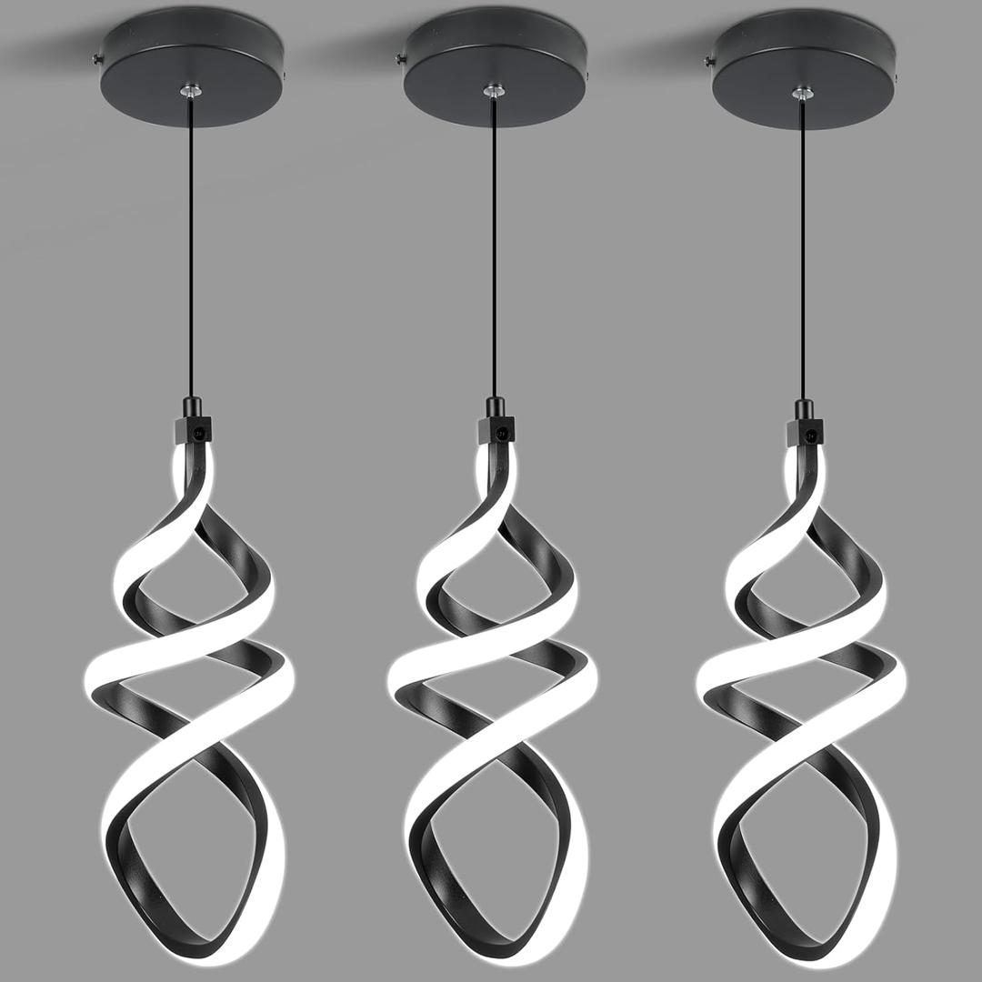3 Packs Pendant Light, 15W Spiral Led Pendant Light, 4500K Modern Pendant Lights Kitchen Island, Adjustable Height Pendant Light for Dining Room Bedroom Kitchen Island Cafe (Black)