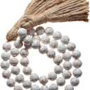 Farmhouse Wood Bead Garland Home Decor, Natural Wooden Garland for Tiered Tray, Decorative Tassel for Tier Tray, Rustic Beads Centerpiece Boho Table Decor, Beaded Accent White Washed