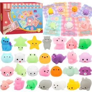 28 Pack Valentines Day Gifts for Kids, Kawaii Mochi Squishies Party Favor Set with Valentines Animal Greeting Cards for Kids, Valentine's Day Classroom Exchange Gifts Set, School Prizes Party Favor