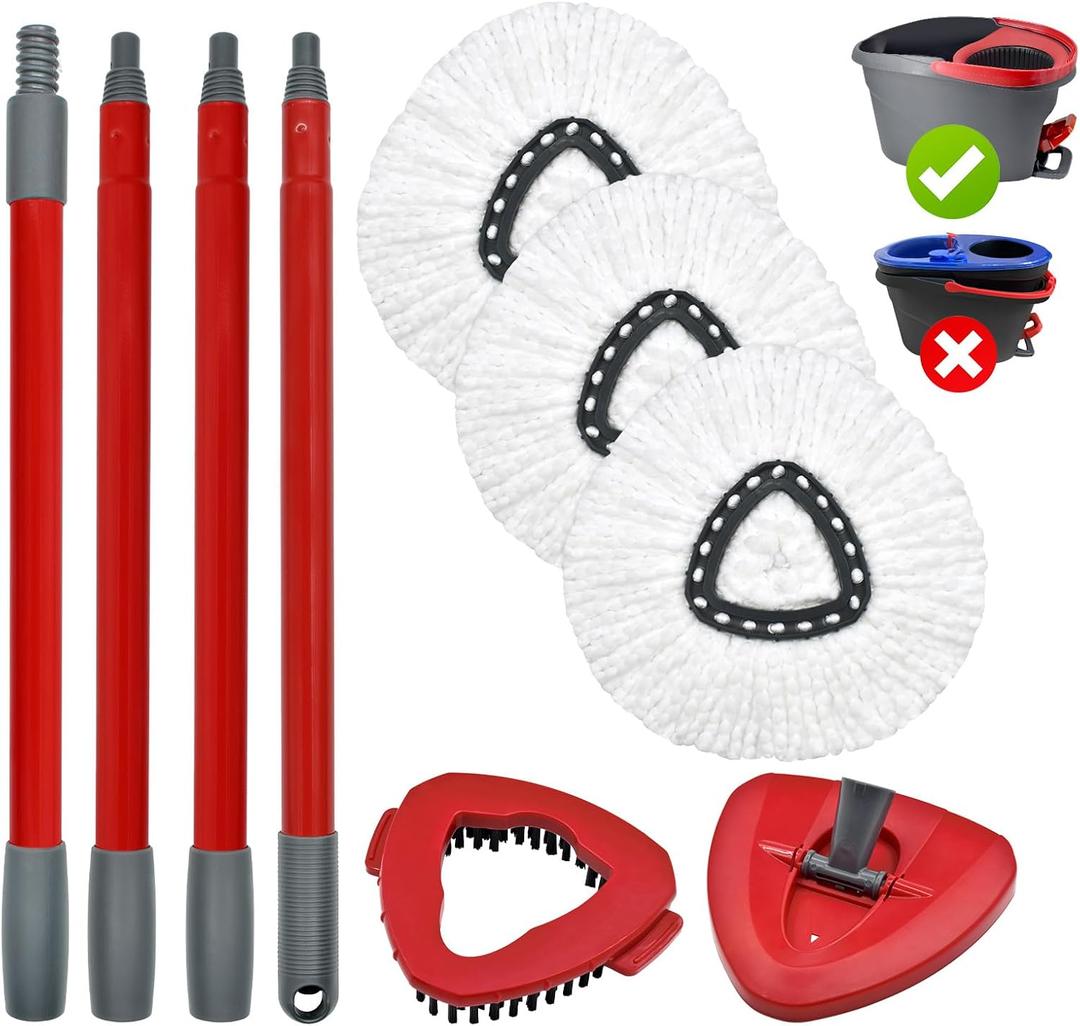 Mop Handle Mop Replace Heads and Mop Base Brush Replacement for O Cedar EasyWring 1-Tank System Include 3 Spin Mop Replacement Head, 4-Section Mop Handles, 1 Base and 1 Scrub Brush Combo
