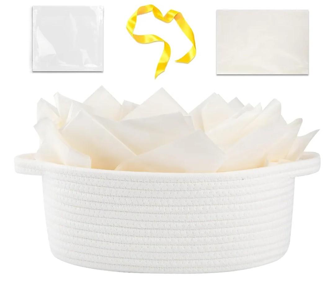 OIAHOMY Gift Basket with Handle, Small Woven Basket with Gift Bag, Ribbon and Wrap Tissue Paper, Nursery Bins Empty to Fill with Small Items, Baby, Pet Toy Organizer - White