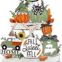 Fall Tiered Tray Decor, Green Farmhouse Pumpkin Tray Decorations, Gnome Truck Buffalo Plaid Wooden Signs Bead Garland, Rustic Thanksgiving Harvest Autumn Decorations for Home Table Shelf