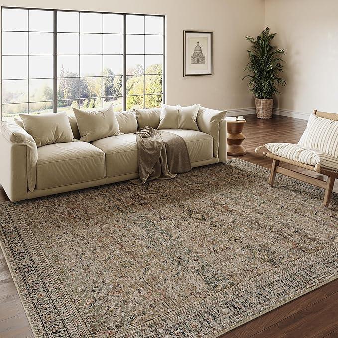 WondRg 8x10 Washable Area Rug Brown Vintage Distressed Living Room Bedroom Large Throw Rug Non Slip Low Pile Soft Accent Indoor Floor Carpet for Dining Room Office Entryway Kitchen
