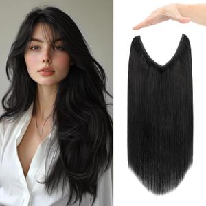 Halo Hair Extensions Real Human Hair Invisible Wire Extensions with Transparent Fish Line Adjustable Size Jet Black 18 inch