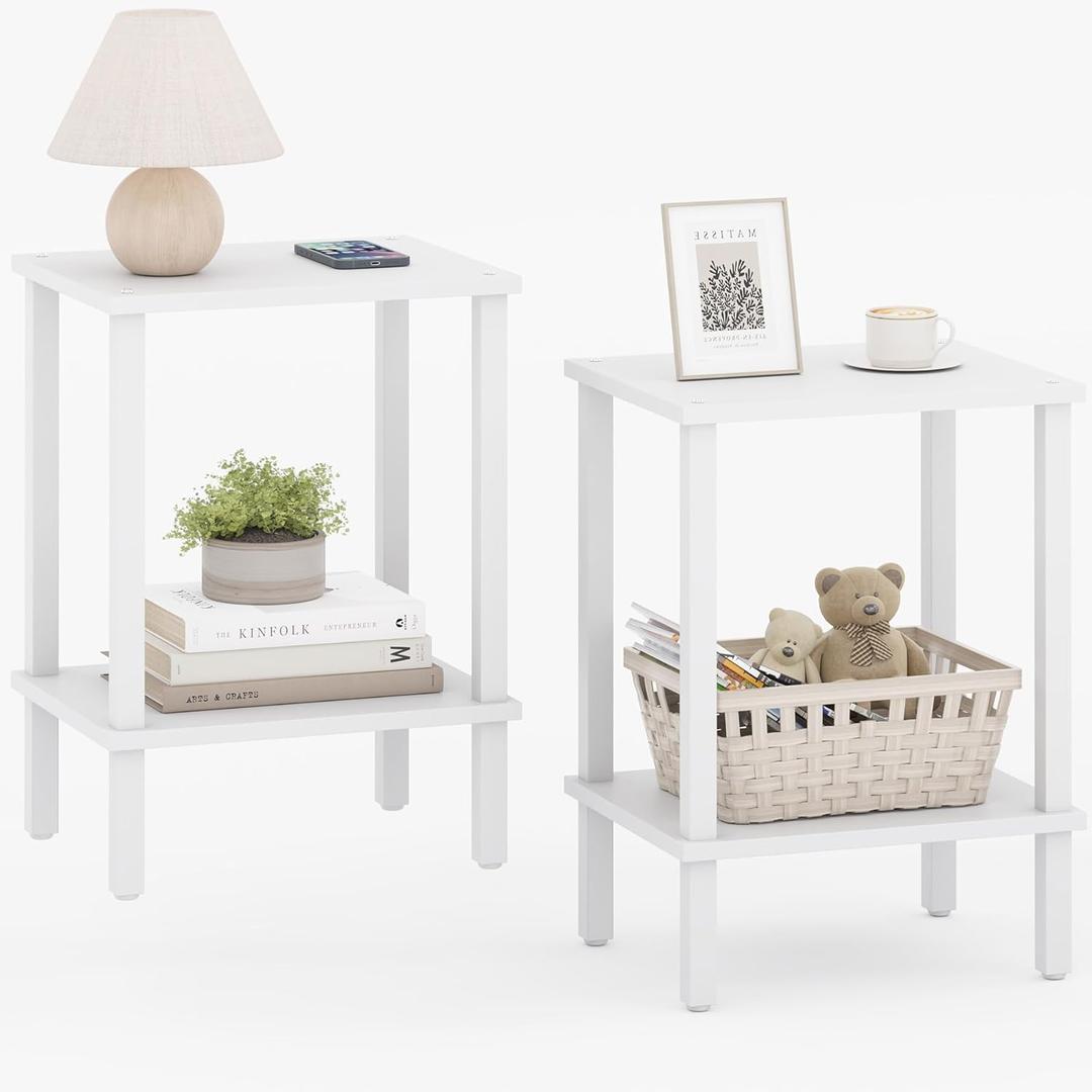 TUTOTAK End Table, Set of 2, Side Table, Nightstand, 2-Tier Storage Shelf, Sofa Table for Small Space, Living Room, Bed Room TB01BW035 (Pure White)