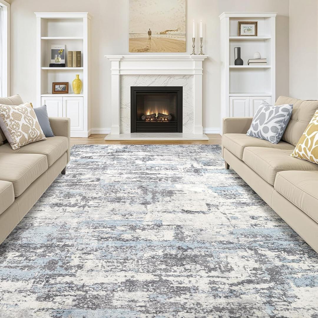 Area Rugs for Living Room: Abstract Washable Rug Modern Neutral Large Soft Stain Resistant Non-Slip Backing Machine Table for Bedroom Dining Room Indoor Home Office Carpet - 12x15 Blue Grey