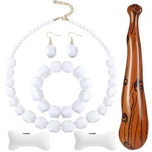 Tondiamo 6 Pcs Halloween Cave Women Costume Accessories Set, White African Beads Acrylic Necklace Earrings Bracelet Jewelry Set, Bone Hair Clips and Inflatable Wooden Stick for Cosplay Party