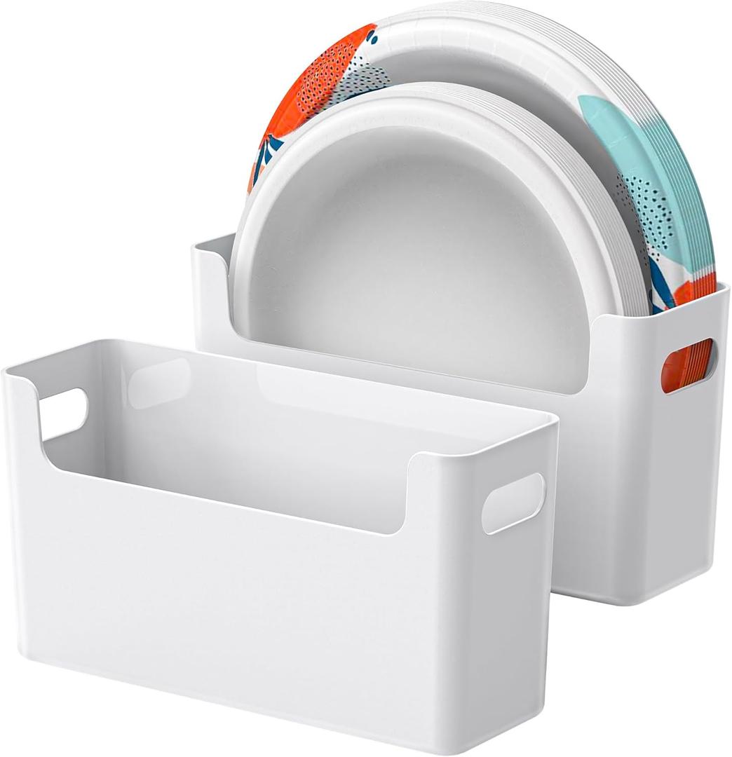 2Pcs Paper Plate Dispenser for 6-9.5 Inch Disposable Plates, Space-Saving Plastic, Foam and Paper Plate Storage Organizer for Cabinet, Countertop, RV or Outdoor (White)
