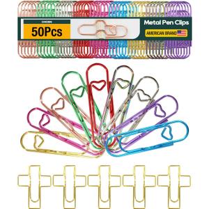 50 Pcs Metal Pen Holder Clips for Notebook, Heart Pen Clip for Notebook, Jumbo Paper Clips with 10 Colors (Gold, Rose Gold, Silver, Blue, Pink, Purple, Green, Red, Rainbow, Rose Gold Cross)