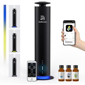 Waterless Scent Diffuser Starter Kit, Diffusers for Home Office Hotel 1000 Sq Ft Coverage, Cordless Essential Oil Diffuser Large Room with 3 Mood Lights, 3 Scent Oils, App Control, Black