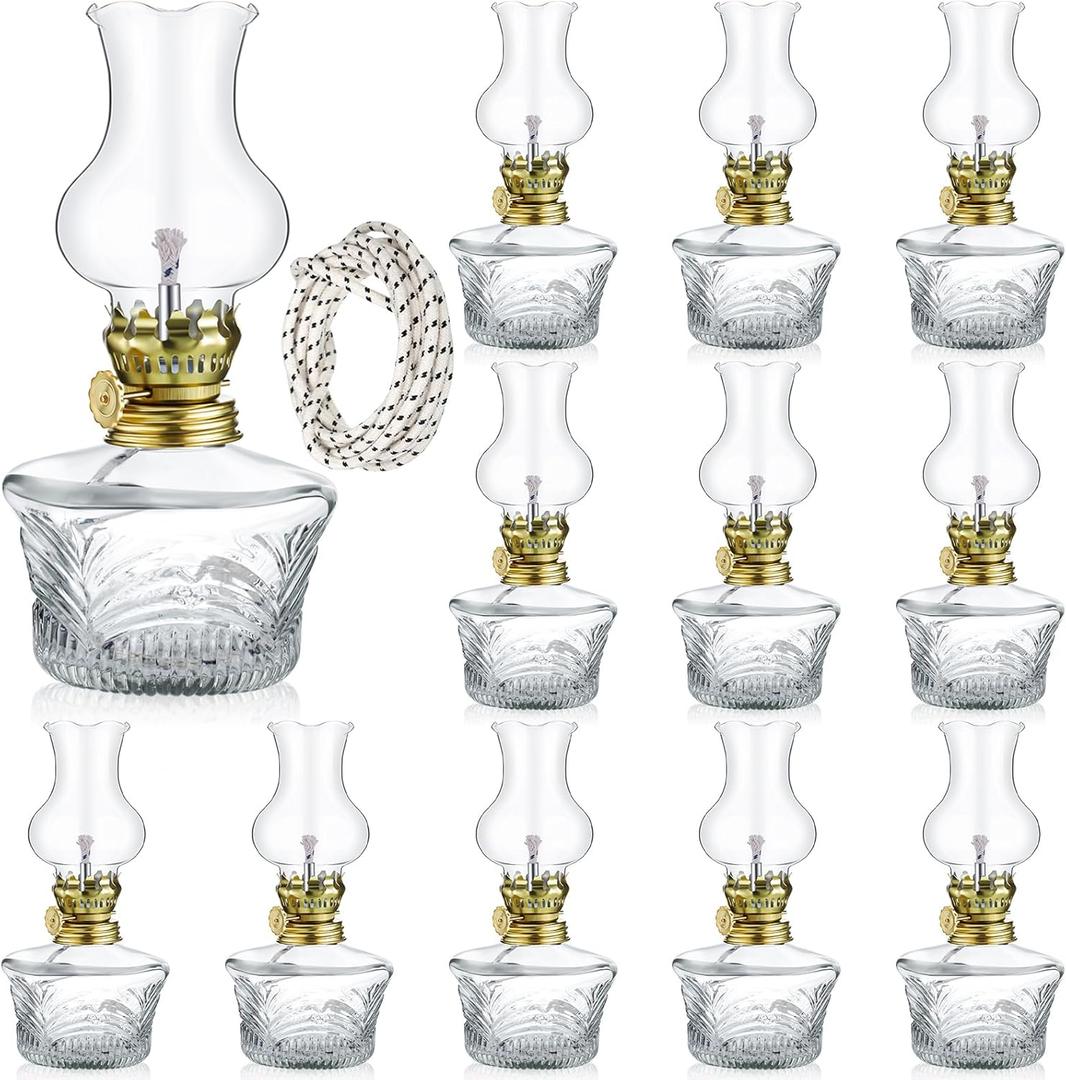 Yexiya 12 Pcs Oil Lamp Vintage Glass Kerosene Lamp Rustic Lantern Chamber Oil Clear Kerosene Hurricane with 6.6 ft Extra Wick for Indoor Use Home Decor Emergency (Line Style)