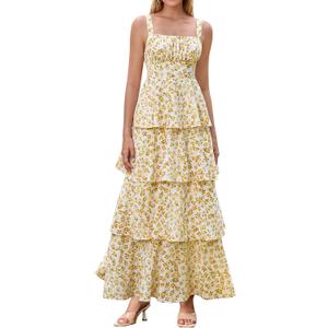 KUTUMAI Floral Maxi Dress Ruffle Tiered Flowy Tea Party Wedding Guest Dresses for Women Summer 2026 (White, L)