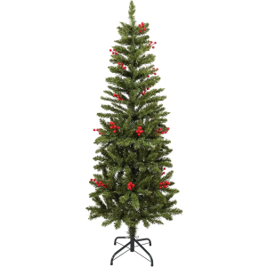 5 Feet Hinged Slim Pencil Red Berries Artificial Fir Christmas Tree with Foldable Metal Stand,300 Tips,Green