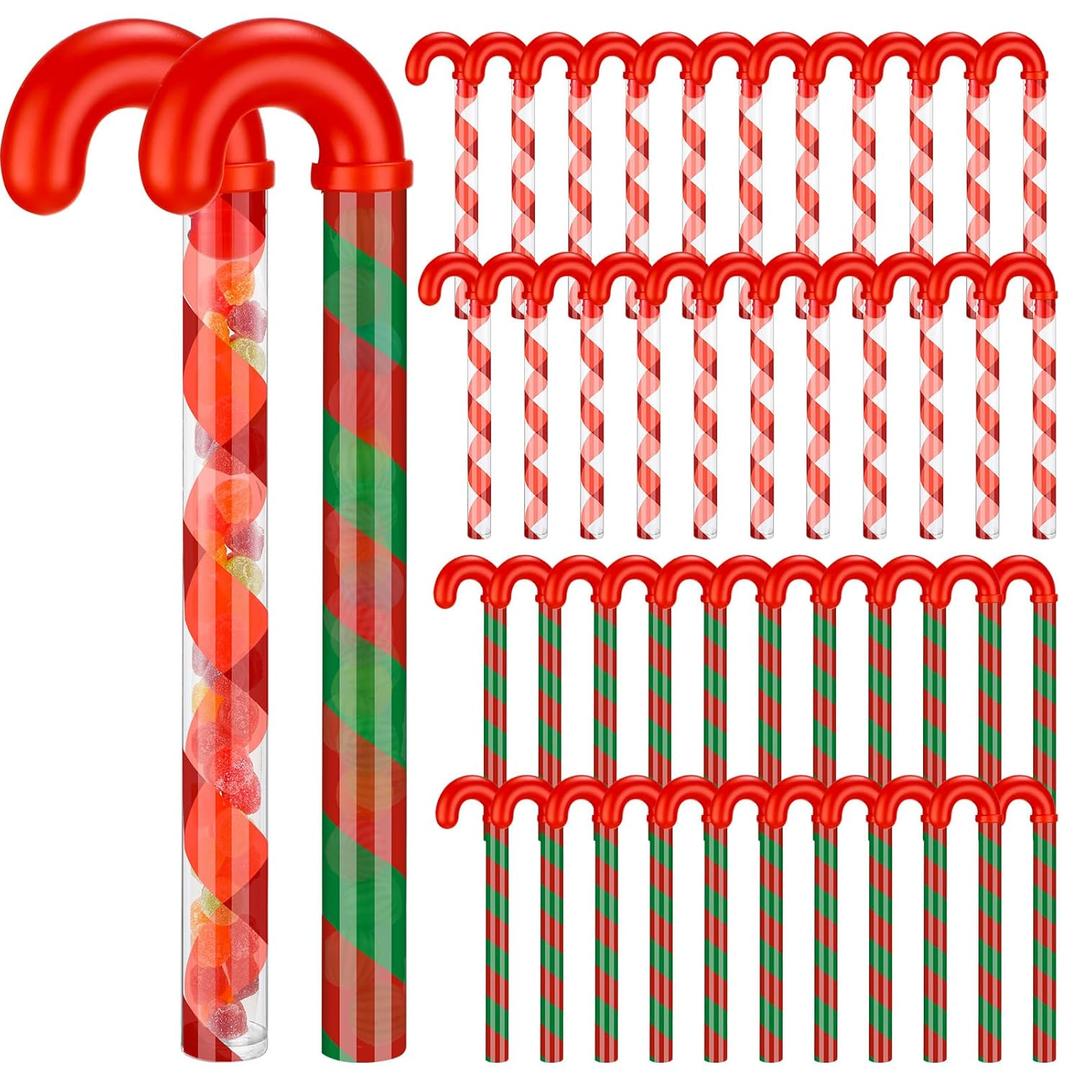 Soaoo 60 Pcs Christmas Candy Cane Shaped Tube Containers Bulk 12 Inch Empty Holiday Candy Tubes with Red Topper Christmas Plastic Crutch Container for Candy Chocolate Stocking Filler