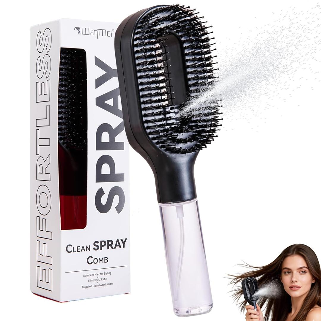 Hair Brush with Water Spray, 2-in-1 Detangling Tool for Frizz Control, Works on Wet & Dry Strands, Portable Mist Comb for Thick, Curly & Fine Textures(1 Black)
