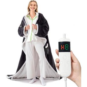 Heated Blanket Wearable Electric with Sleeves & Foot Pocket, Heating Blanket with 8 Hours Auto Off 10 Fast Heating Levels, Machine Washable, Gift Idea, 52*72+18 (Gray)