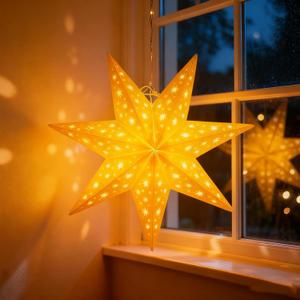 3PCS Christmas Paper Star Lanterns, 3D Large 7Pointed Stars with LightsFoldable Decorative Christmas Hanging Decorations for Xmas Winter Wedding New Year Party Home Decor Indoor13.8inch