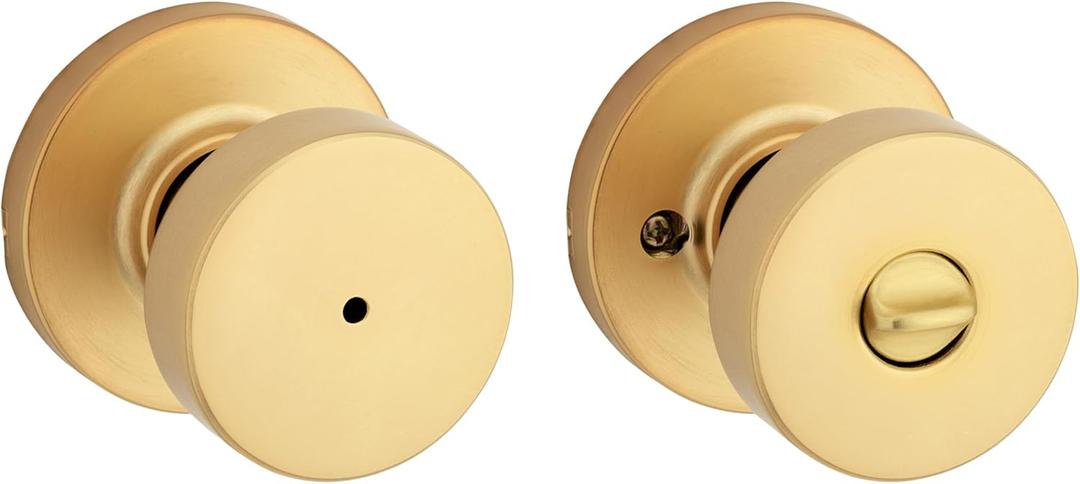Kwikset Pismo Interior Privacy Door Knob with Lock, Door Handle for Bathroom and Bedroom, Satin Brass, Round, Keyless Turn Lock Doorknob, Microban Protection (1 Pack)