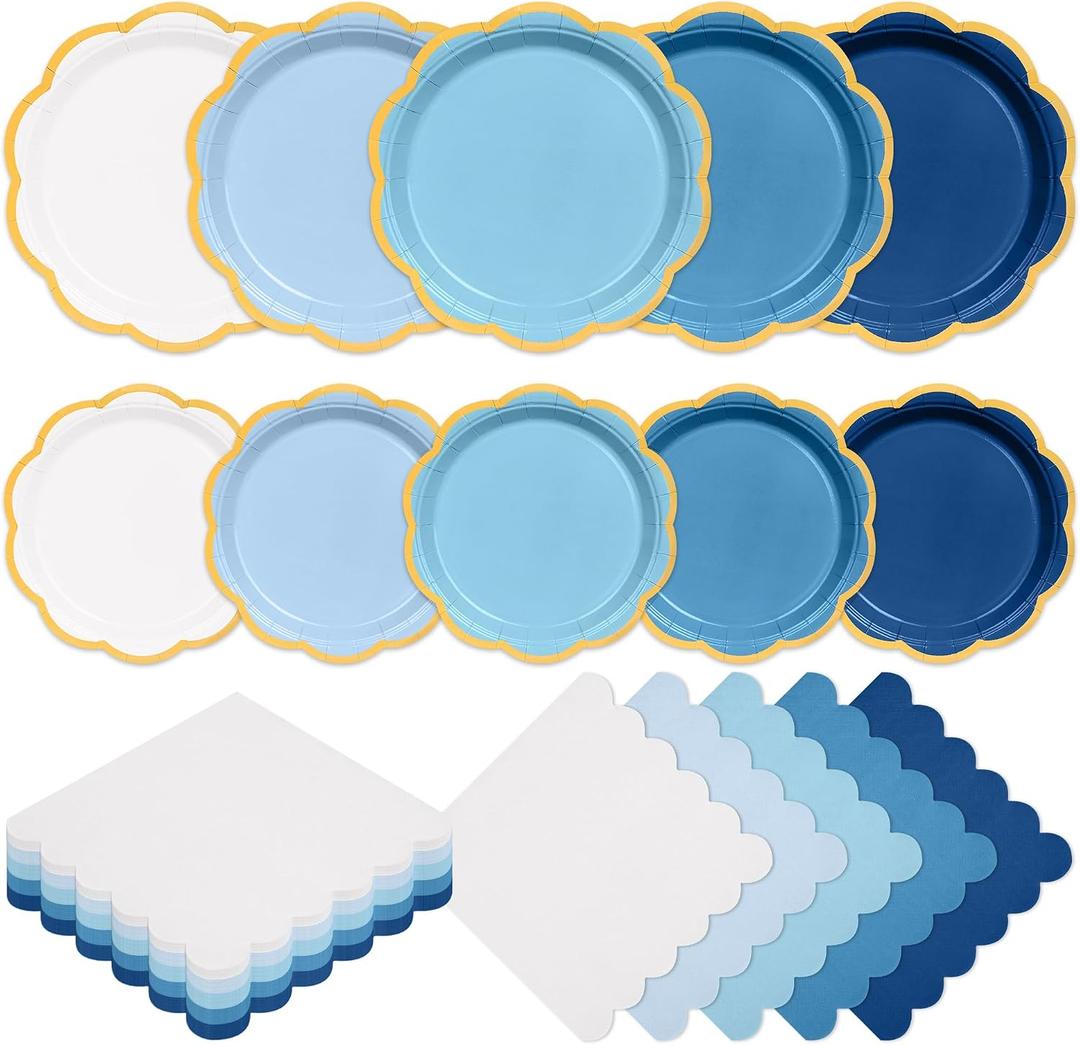 150 Pcs Blue Plates and Napkins Tableware Serves 50, 9 Inch & 7 Inch Gradient Blue Scalloped Edges Paper Plate and Napkins Set for Wedding Baby Shower Bridal Shower Birthday Party