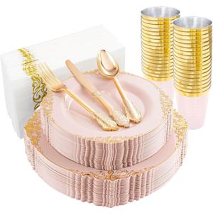 Morejoy 175pcs Pink Plastic Plates - Pink and Gold Disposable Plates sets, Include 25 Dinner Plates,25 Dessert Plates,25 Cutlery Sets,25 Napkins Perfect for Wedding & Party & Holiday & Christmas
