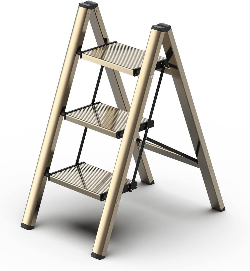 3 Step Ladder, Aluminum Folding Step Stool with Anti-Slip Sturdy and Wide Pedal, Lightweight Portable Stepladder for Home and Kitchen Use Space Saving, Gold, 330 lbs