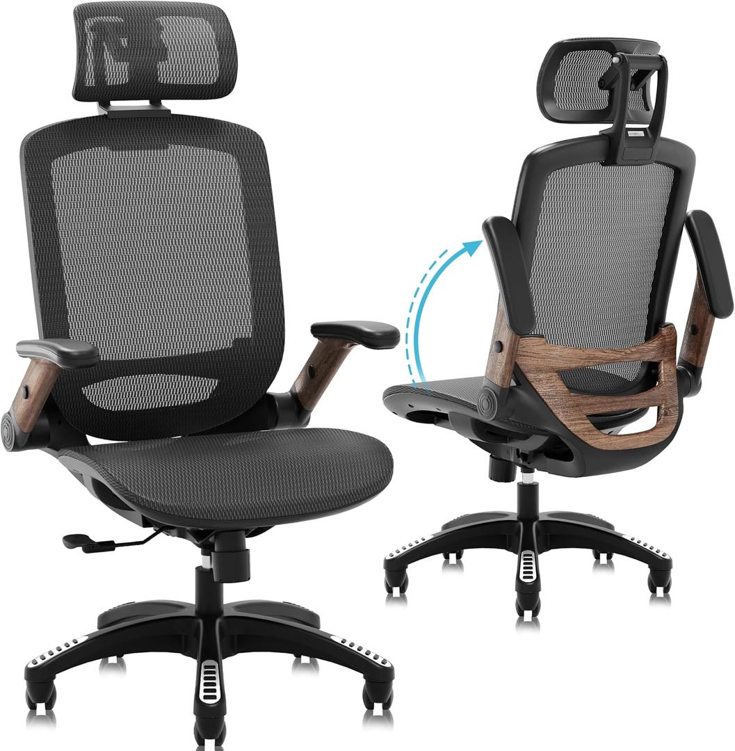 GABRYLLY Ergonomic Office Chair, High Back Home Desk Chair with Headrest, Flip-Up Arms, 90-120 Tilt Lock and Wide Cushion, Big and Tall Mesh Chairs for Man Woman, Black Task Chair(Dark Woodgrain), 22d X 25.2w X 45.3h in