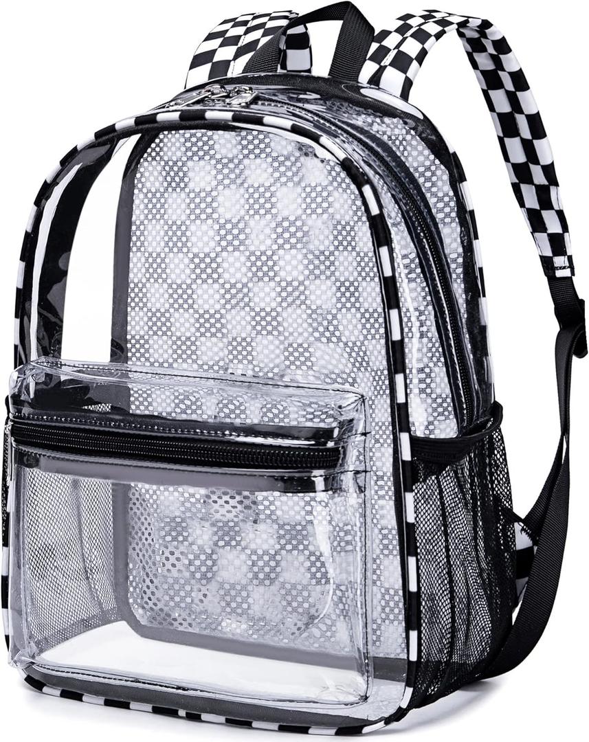Clear Mini Backpack for Stadium Events 12x12x6 Small Transparent Backpacks Plastic See Through Clear Bag for Concerts Work Festival Security Travel (Black White -Plaid)