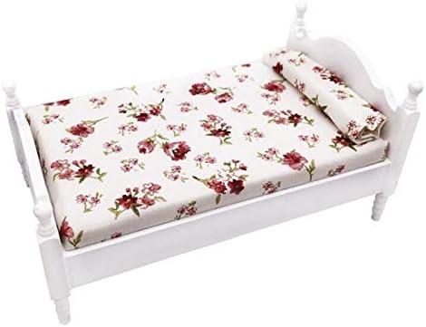 EatingBiting 1:12 Decorate Mini House Miniature Furniture Vintage Wooden Bed Red Floral Single 1/12 Retro Bed with Decor Accessory Delicate Doll House Furniture Miniature Role Playing Window Display