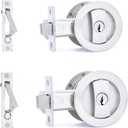 Dontay 2 Pack Pocket Door Lock with Key, Contemporary Entrance Sliding Barn Door Lock Latch, Recessed 2 Sided, 2 3/8" Backset, Flush Handles Hardware (Including Edge Pull, Brushed Nickel, Round)